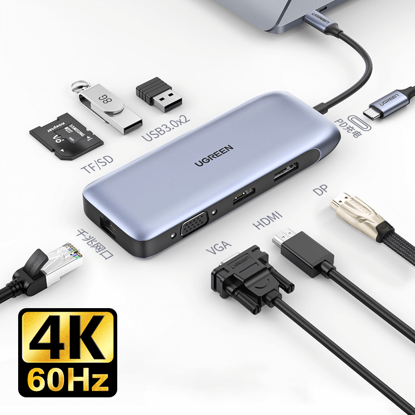 Fotografija izdelka Ugreen USB-C Hub 9v1 4K HDMI,  4K DP, VGA, RJ45, 2xUSB 3.0, MicroSD - box