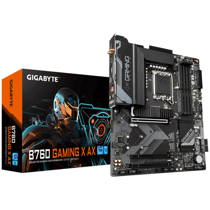 Fotografija izdelka GIGABYTE B760 GAMING X AX, DDR5, SATA3, USB3.2Gen2, DP, WiFi 6E, LGA1700 ATX