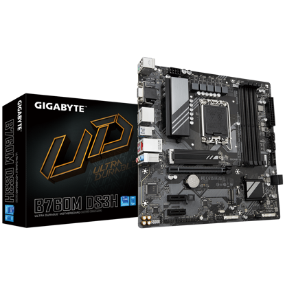 Fotografija izdelka GIGABYTE B760M DS3H, DDR5, SATA3, USB3.2Gen2, DP, LGA1700 mATX