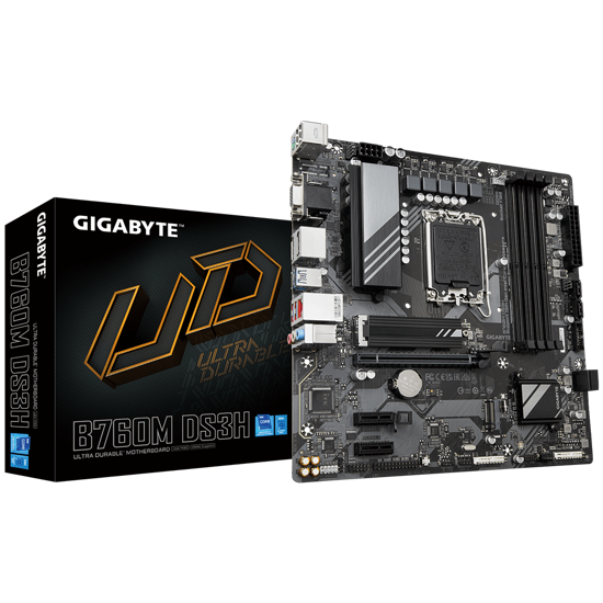 Fotografija izdelka GIGABYTE B760M DS3H, DDR5, SATA3, USB3.2Gen2, DP, LGA1700 mATX