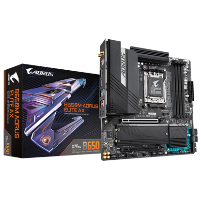 Fotografija izdelka GIGABYTE B650M AORUS ELITE AX, DDR5, SATA3, USB3.2Gen2x2, DP, 2.5GbE, WiFi 6E, AM5 mATX