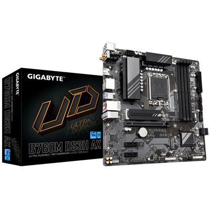 Fotografija izdelka GIGABYTE B760M DS3H AX, DDR5, SATA3, USB3.2Gen2, DP, WiFi 6E, LGA1700 mATX