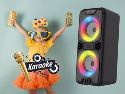 Fotografija izdelka MANTA SPK816, Karaoke zvočni sistem, vgrajena baterija, Bluetooth 5.0, USB/AUX/MP3/TF/Radio, Disco LED lučke + mikrofon