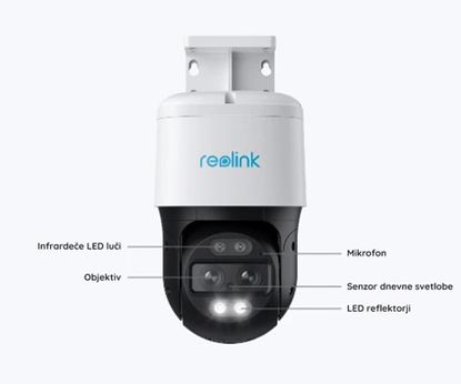 Fotografija izdelka Reolink TrackMix PoE IP kamera, dva objektiva, 4K Ultra HD, PoE, vrtenje in nagibanje, IR nočno snemanje, LED reflektorji, aplikacija, vodoodporna, dvosmerna komunikacija, bela