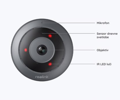 Fotografija izdelka Reolink FE-P IP kamera, 2K+ Super HD, PoE, 360° Fisheye, IR nočno snemanje, aplikacija, dvosmerna komunikacija, sirena, črno siva
