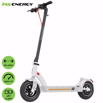 Fotografija izdelka Električni skiro MS ENERGY e10, 10" pnevmatike, 450W motor, domet do 40km, LED osvetlitev, zložljiv, 48V 12.5Ah baterija, regenerativno polnjenje, LCD zaslon, brezplačna aplikacija, bel