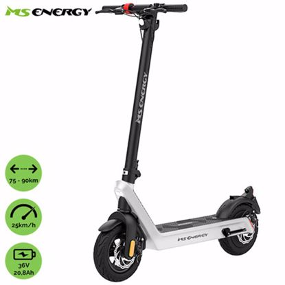 Fotografija izdelka Električni skiro MS ENERGY e21, 10" pnevmatike, 500W motor, domet do 90km, LED osvetlitev, zložljiv, 36V 20.8Ah zamenljiva baterija, regenerativno polnjenje, LCD zaslon, belo črn