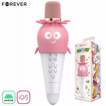 Fotografija izdelka FOREVER BLOOM AMS-200 mikrofon & zvočnik, KARAOKE, Bluetooth, microSD, AUX, modulacija glasu, funkcija ECHO odmevanja, LED osvetlitev, roza (Pink)