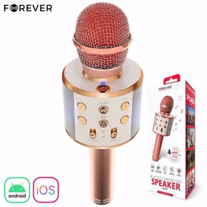 Fotografija izdelka FOREVER BMS-300 Mikrofon & Zvočnik, Bluetooth, USB, microSD, AUX-in, ECHO način, modulacija glasu, KARAOKE, roza zlat (Rose Gold)
