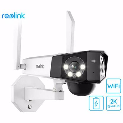 Fotografija izdelka Reolink Duo 2 WiFi Battery IP kamera, dva objektiva, 4K Ultra HD, WiFi, baterija, 180° snemalni kot, IR nočno snemanje, LED reflektorji, aplikacija, IP66 vodoodpornost, dvosmerna komunikacija, bela