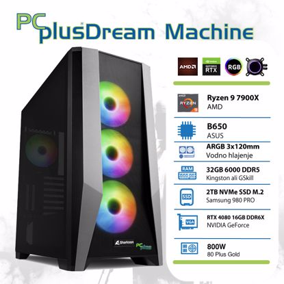 Fotografija izdelka PCPLUS Dream Machine Ryzen 9 7900X 32GB 2TB NVMe SSD GeForce RTX 4080 16GB gaming DOS