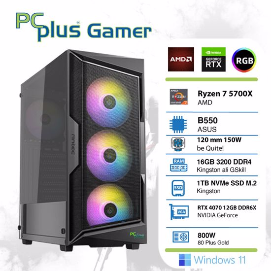 Fotografija izdelka PCPLUS Gamer Ryzen 7 5700X 16GB 1TB NVMe SSD GeForce RTX 4070 12GB RGB Windows 11 Home gaming