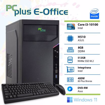 Fotografija izdelka PCPLUS e-Office i3-10100 8GB 512GB NVMe SSD Windows 11 Pro Office Home & Bus  miška in tipkovnica namizni računalnik