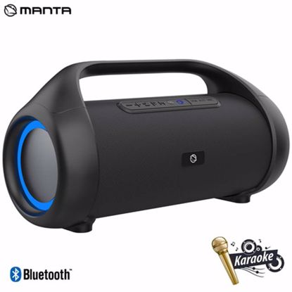 Fotografija izdelka MANTA Boombox SPK310, Bluetooth 5.0, 90W RMS, TWS, polnilna baterija, RGB LED osvetlitev, IPX5 vodoodpornost, USB / AUX / MIC-in, Google Assistant & Siri, funkcija Power Bank, črn