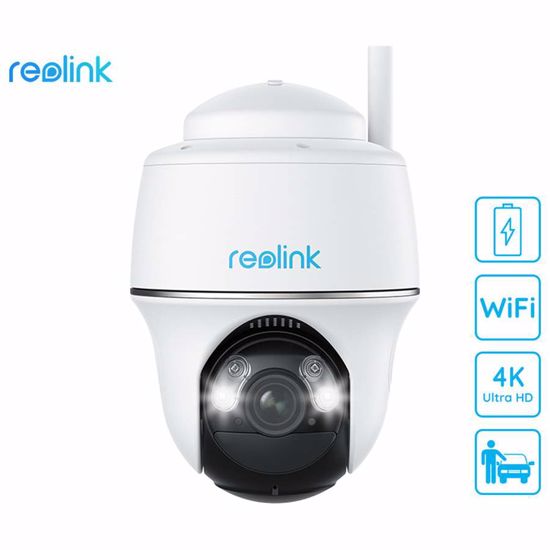 Fotografija izdelka Reolink Argus PT ULTRA IP kamera, 4K Ultra HD, WiFi, baterija, vrtenje in nagibanje, IR nočno snemanje, LED reflektor, aplikacija, vodoodporna, dvosmerna komunikacija, bela