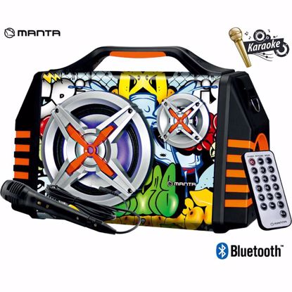 Fotografija izdelka MANTA SPK1005 HELIOS 2 prenosni KARAOKE zvočnik, Bluetooth 5.0, Equalizer, polnilna baterija, RGB LED osvetlitev, FM Radio, USB / microSD / AUX / MIC-in, + pas, + daljinec