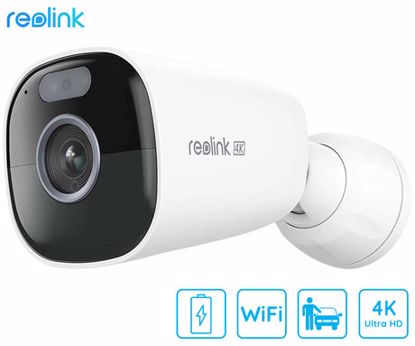Fotografija izdelka Reolink ARGUS B360 IP kamera, 4K 8MP Ultra HD, Dual WiFi, baterija, barvno nočno snemanje, LED reflektorji, aplikacija, vodoodporna, dvosmerna komunikacija, bela