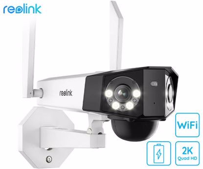 Fotografija izdelka Reolink DUO B750 IP kamera, dva objektiva, 2K 6MP Quad HD, Dual WiFi, baterija, 180° snemalni kot, barvno nočno snemanje, LED reflektorji, aplikacija, IP66 vodoodpornost, dvosmerna komunikacija, bela