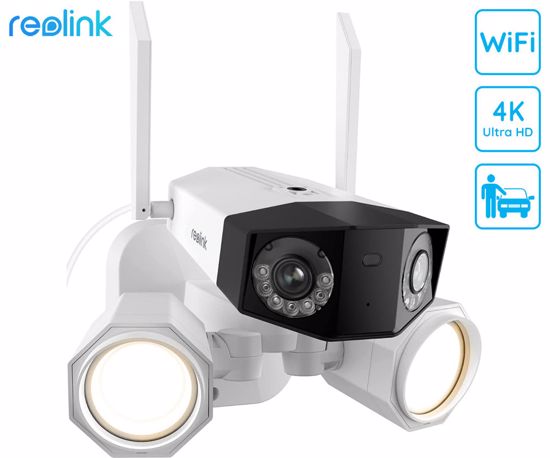 Fotografija izdelka Reolink FLOODLIGHT F750W IP kamera, dva objektiva, 4K 8MP Ultra HD, WiFi, 180° snemalni kot, IR nočno snemanje, LED reflektorji, aplikacija, IP66 vodoodpornost, dvosmerna komunikacija, bela