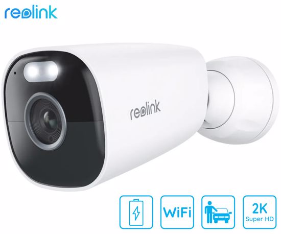 Fotografija izdelka Reolink ARGUS B340 IP kamera, 2K 5MP Super HD, Dual WiFi, baterija, barvno nočno snemanje, LED reflektorji, aplikacija, vodoodporna, dvosmerna komunikacija, bela