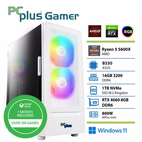 Fotografija izdelka PCPLUS Gamer Ryzen 5 5600X 16GB 1TB RTX 4060 8GB Windows 11 Home+ Xbox GP bel gaming namizni računalnik