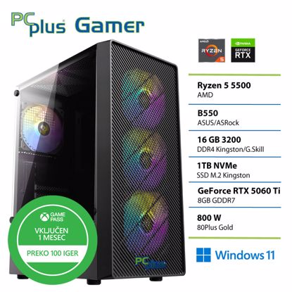 Fotografija izdelka PCPLUS Gamer Ryzen 5 5500 16GB 1TB RTX 5060Ti 8GB Windows 11 Home + Xbox GP gaming namizni računalnik