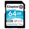 Fotografija izdelka KINGSTON Canvas Go! Plus SD 64GB Class 10 UHS-I U3 V30 A2 (SDG3/64GB) spominska kartica