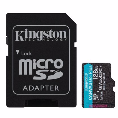 Fotografija izdelka KINGSTON Canvas Go! Plus microSD 128GB Class 10 UHS-I U3 V30 A2 adapter (SDCG4/128GB) spominska kartica
