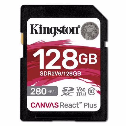 Fotografija izdelka KINGSTON Canvas React Plus SD 128GB Class10 UHS-II (SDR2V6/128GB) spominska kartica