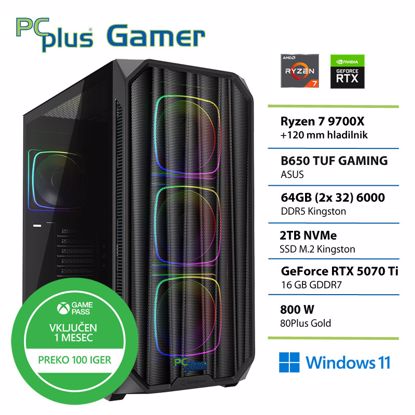 Fotografija izdelka PCPLUS Gamer Ryzen 7 9700X 64GB 2TB SSD RTX 5070Ti 16GB Windows 11 Home + Xbox GP gaming namizni računalnik