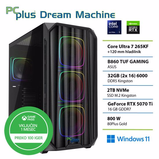 Fotografija izdelka PCPLUS Dream Machine Ultra 7 265K 32GB 2TB SSD RTX 5070Ti 16GB Windows 11 Home + Xbox GP gaming namizni računalnik