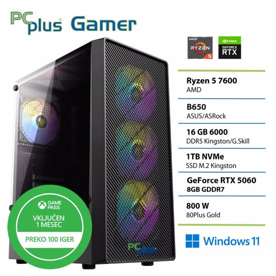 Fotografija izdelka PCPLUS Gamer Ryzen 5 7600 16GB 1TB SSD RTX 5060 8GB Windows 11 Home + Xbox GP gaming namizni računalnik